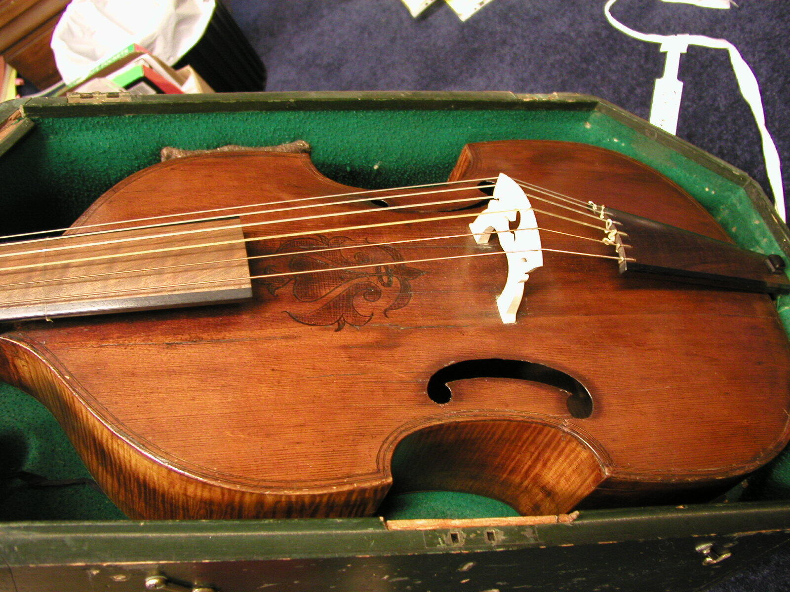 Un instrumento de cuerda antiguo con cuerpo de madera, intrincados tallados y cuerdas met&aacute;licas, guardado en un estuche forrado de verde.