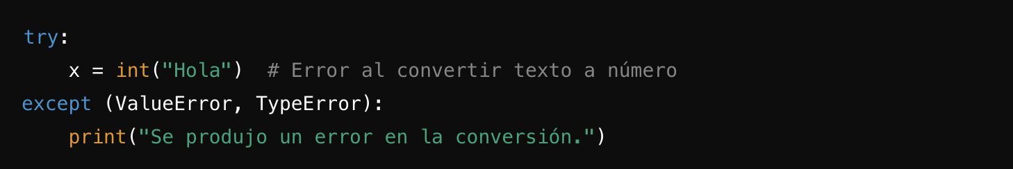 Fragmento de c&oacute;digo que demuestra la gesti&oacute;n de errores en Python para convertir texto en un n&uacute;mero entero, indicando las posibles excepciones con un mensaje.