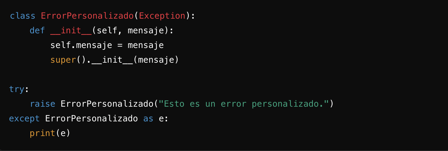 Fragmento de c&oacute;digo que muestra una clase de excepci&oacute;n personalizada en Python, demostrando la gesti&oacute;n de errores con un mensaje de error personalizado.