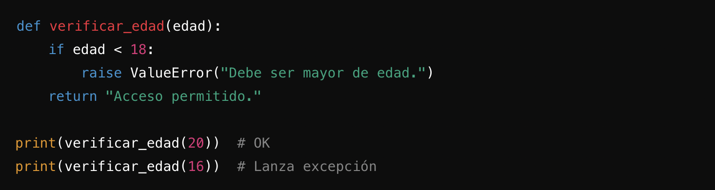 Fragmento de c&oacute;digo que define una funci&oacute;n para verificar la edad, permitiendo el acceso a mayores de 18 a&ntilde;os y lanzando una excepci&oacute;n para usuarios m&aacute;s j&oacute;venes.