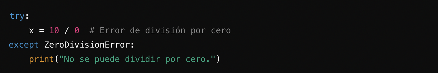 Fragmento de c&oacute;digo que ilustra el tratamiento de errores en Python para un error de divisi&oacute;n por cero, con un mensaje en espa&ntilde;ol indicando el error.