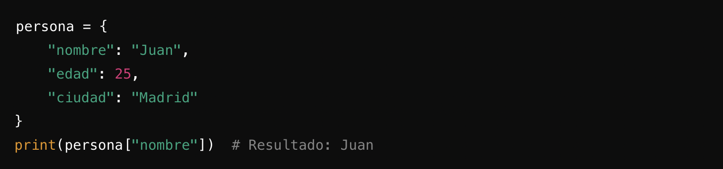 Fragmento de c&oacute;digo que muestra un diccionario llamado &laquo;persona&raquo; con atributos: nombre (&ldquo;Juan&rdquo;), edad (25) y ciudad (&laquo;Madrid&raquo;), seguido de una sentencia